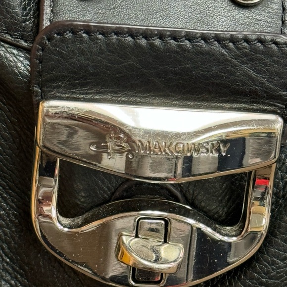 B. Makowsky Black Leather Satchel Leopard Interior - Picture 3 of 10